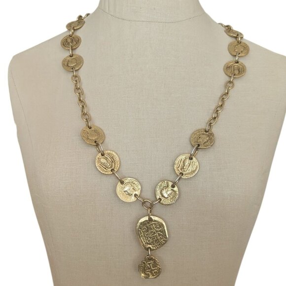 Vintage Roman Coin Cross Gold Medallion Lariat Bib Necklace Chunky Chain Link - Picture 12 of 13